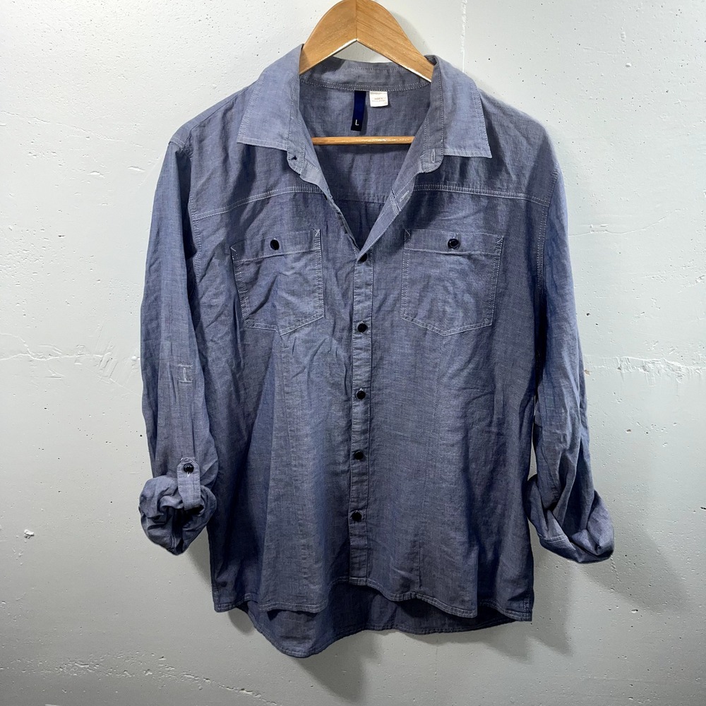 H&M Blue Cotton Roll Tab Sleeve Button Up Shirt Womens Large Lightweight Basic